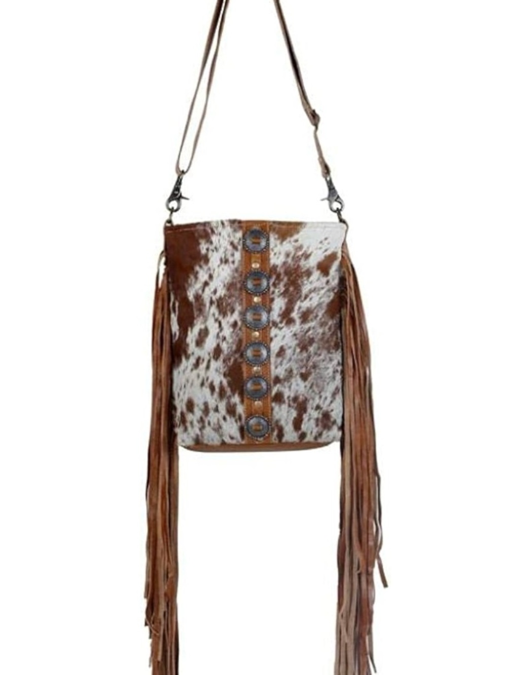Cowhide Fringe Crossbody Bag - Brown & White